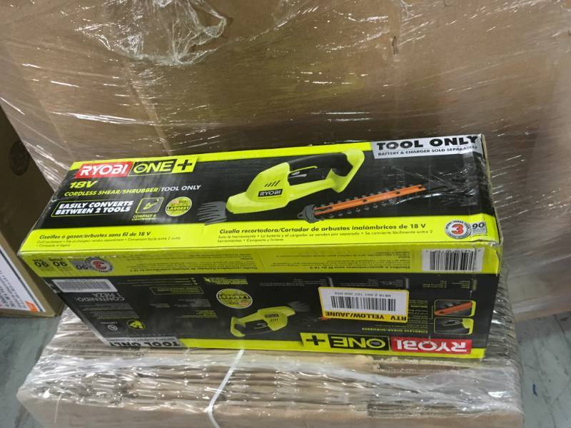 lot 9 image: RYOBI ONE 18-Volt Lithium-Ion Cordless Battery Grass Shear and Shrubber Trimmer (Tool Only) in like new condition