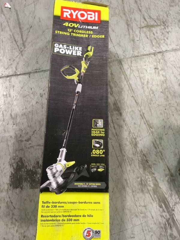 lot 18 image: RYOBI 40-Volt Lithium-Ion Cordless String TrimmerEdger - 2.6 Ah Battery and Charger Included USED in good condition