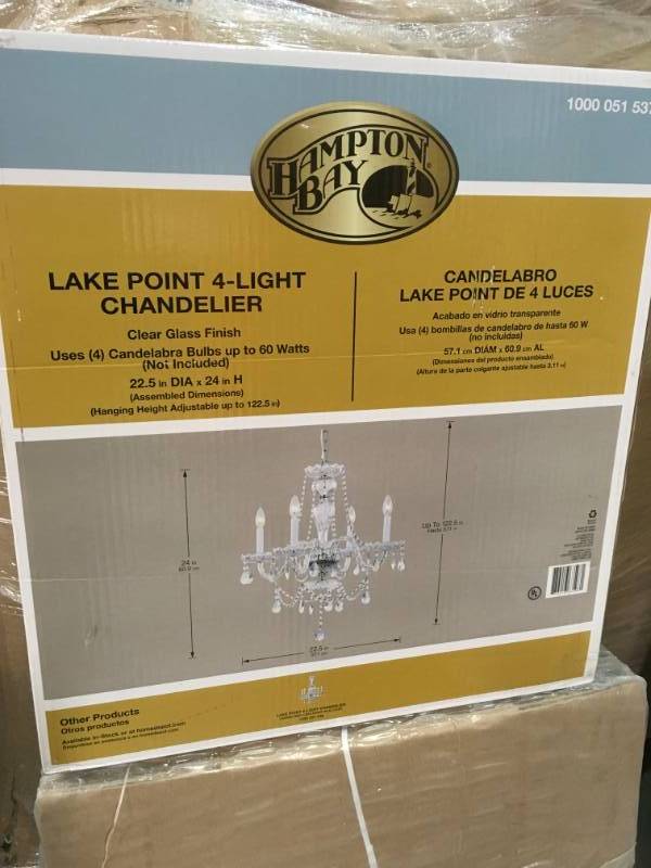 lot 33 image: Hampton Bay Lake Point 4-Light Chrome and Clear Crystal Chandelier not used