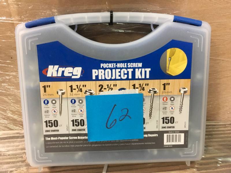 lot 62 image: Kreg 1 in. to 2-12 in. Square Drive Round Head Pocket-Hole Screw Kit in good condition
