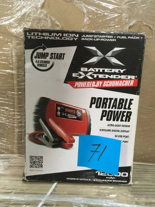 lot 71 image: Schumacher Battery Extender 12-Volt, 1,200 mAh lithium jump starter in good condition