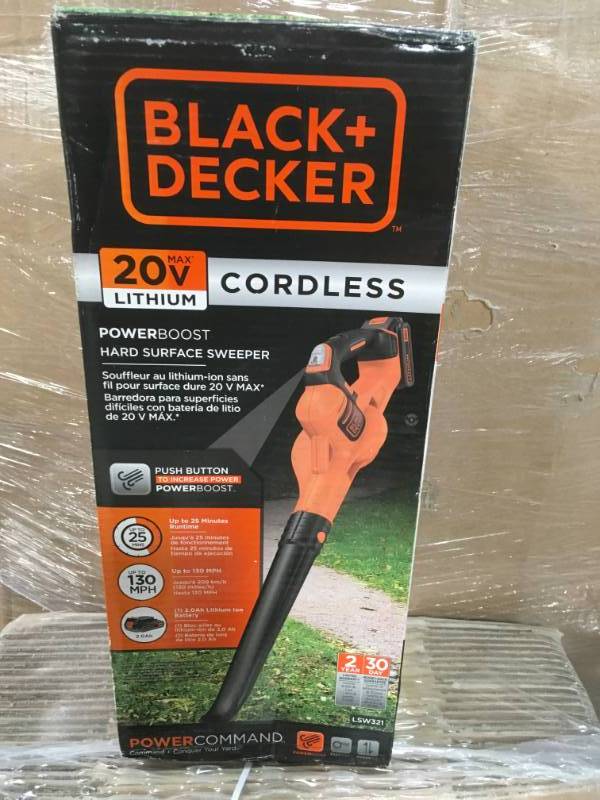 lot 88 image: BLACKDECKER 130 MPH 100 CFM 20-Volt MAX Lithium-Ion Cordless Handheld Leaf Sweeper w 2.0Ah Battery and Charger in good condition