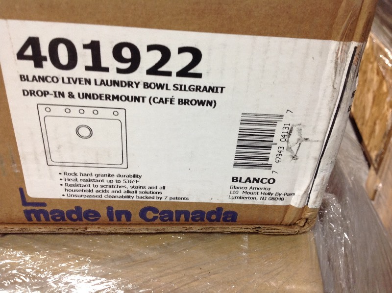 lot 104 image: Blanco Liven 25 in. x 22 in. x 12 in. Granite Undermount Laundry Sink in Cafe Brown not used