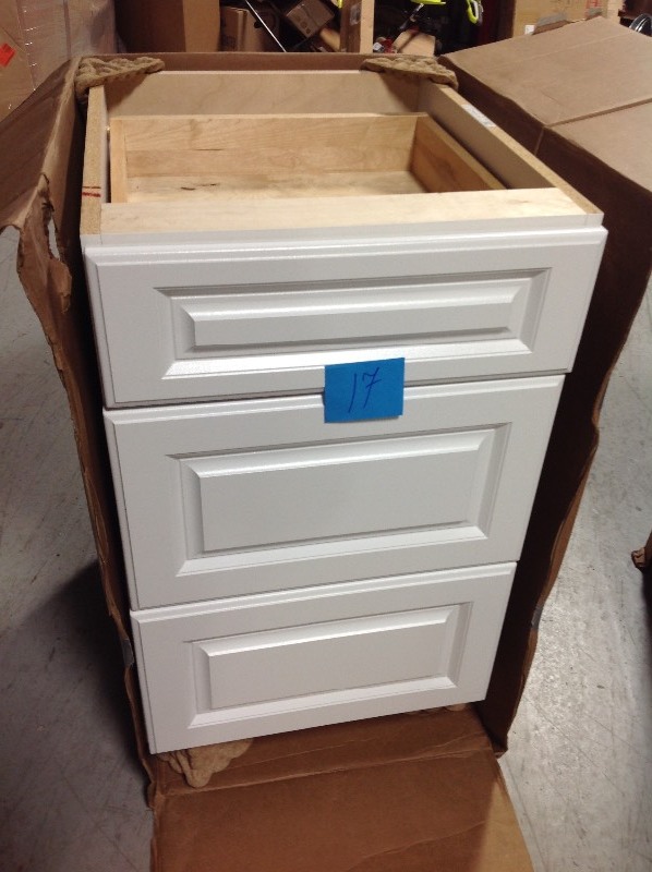 lot 117 image: HAMPTON BAY Elgin Assembled 18x34.5x23.75 in. Drawer Base Kitchen Cabinet in white