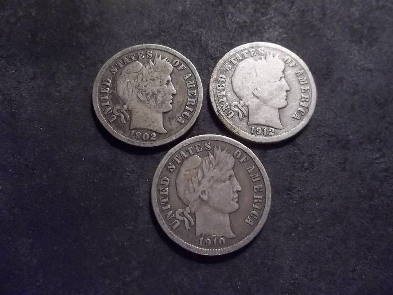 lot 42 image: 1902, 1912 D, 1910 Barber Dimes As Shown