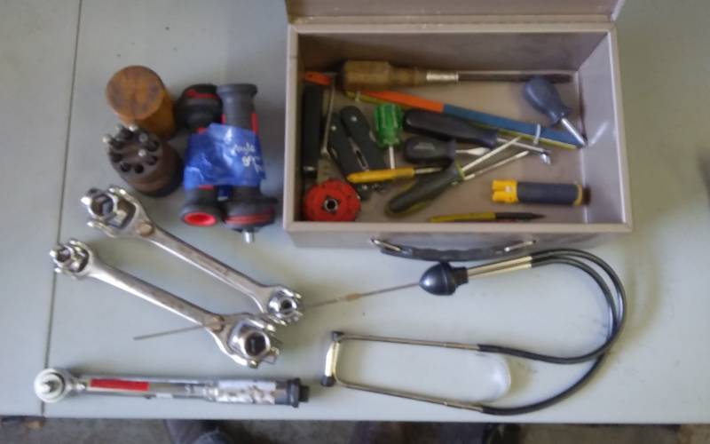 lot 56 image: Box Of Assorted Hand Tools, Punches, Scope