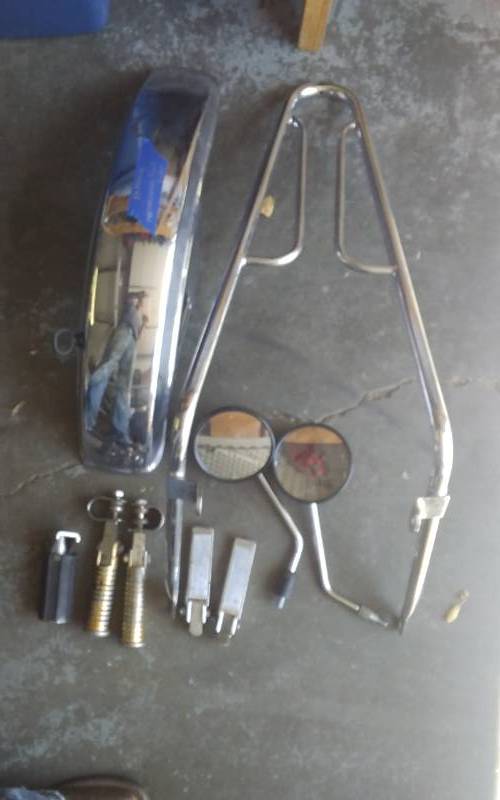 lot 85 image: Assorted Motorcycle Parts-Fender, Pegs, Mirrors, Sissy Bar