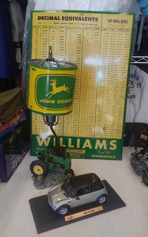 lot 113 image: John Deere Lamp, Mini Cooper Car Model, Metal Equivalent Sign
