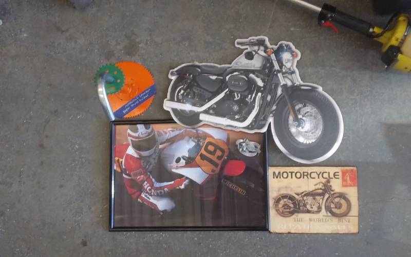 lot 114 image: Motorcycle Picture, Tin Sign, Cardboard Cutout, Sprocket Paper Towel Holder