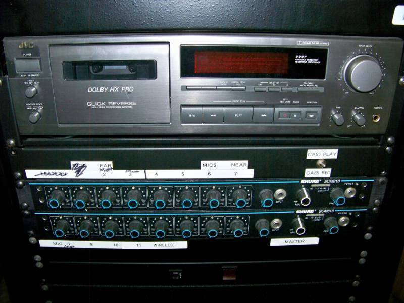 lot 27 image: Equipment Rack with (2) Shure Microphone Mixers, TOA Amplifier, Biamp Equalizer, Gentner FM Transmitter and JVC Cassette Deck