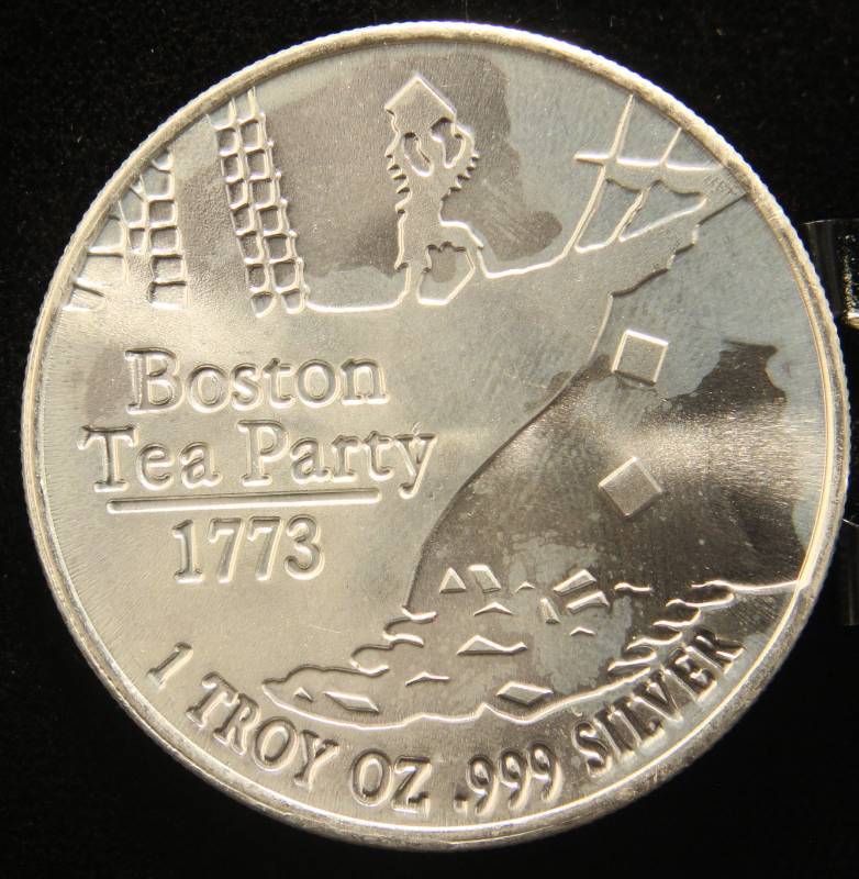 lot 14 image: 1 TROY OZ. .999 FINE SILVER BOSTON TEAPARTY DONT TREAD ON ME