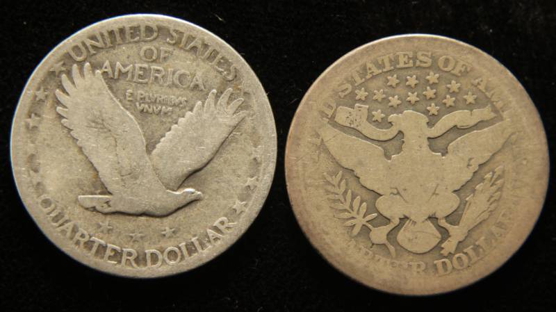 lot 44 image: 2 SILVER QUARTERS 1915 BARBER 1929 STANDING LIBERTY