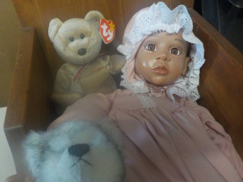 lot 60 image: Doll and Wood Table and 3 Stuffed A...