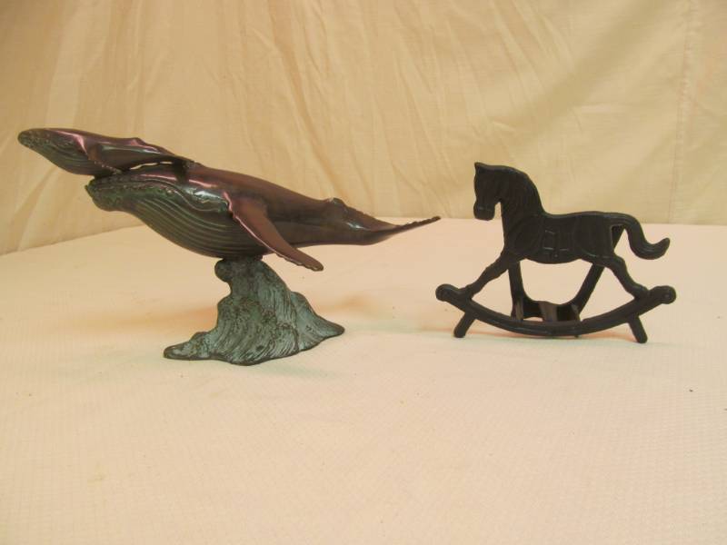 lot 16 image: cast iron horse, metal dolphin