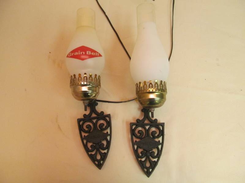 lot 81 image: vintage Grain Belt wall lamps