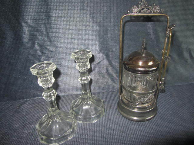 lot 23 image: Antique Pickle Castor, Candlesticks