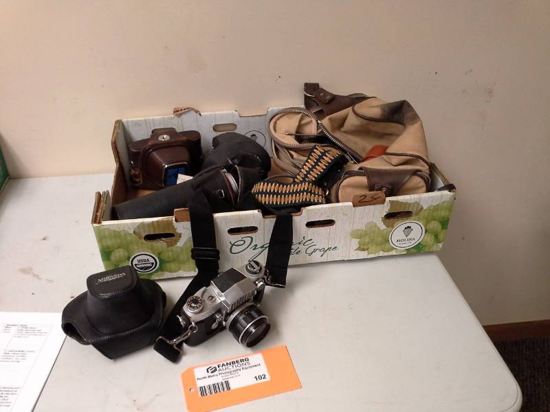 lot 102 image: Lot of (3) Miranda 2-sensorex 35mm Film Camera Bodies, 1-Konica 35mm Film Camera Body, 5-Interchangeable Lens, Lens Multipliers, Lens Filters, Lens Bags, Camera Bags, Actuators, Many Accessories