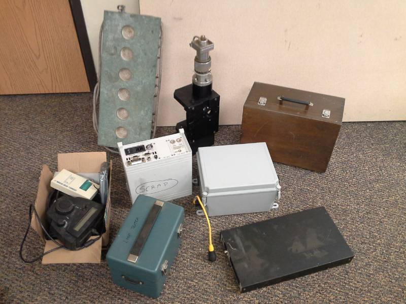 lot 2128 image: Monroe Electronics Electrical Panel SN 112605, Microscope Base, Loop Tester with Metal Carry Case, Modular Circuit Technology Unit, Scrap Medical Equipment, And More