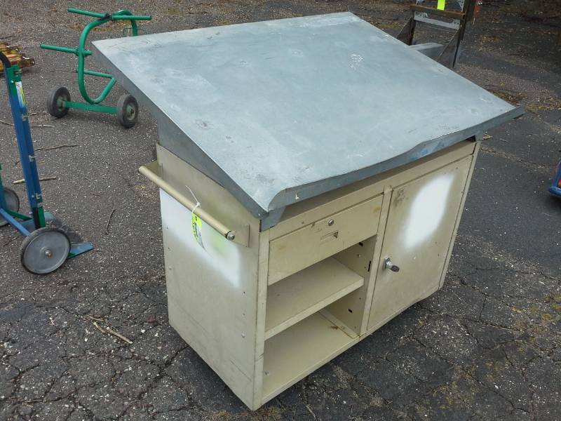 lot 3002 image: Rolling Metal Drafting Table with Lower DrawerDoorShelf Storage