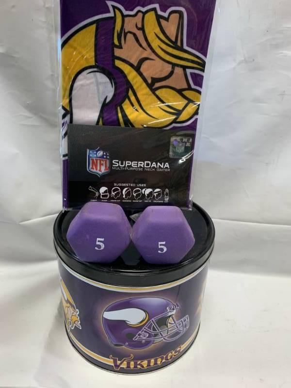 lot 28 image: Minnesota Vikings Neck Gaiter, Scarf, Purple Weights, Tin
