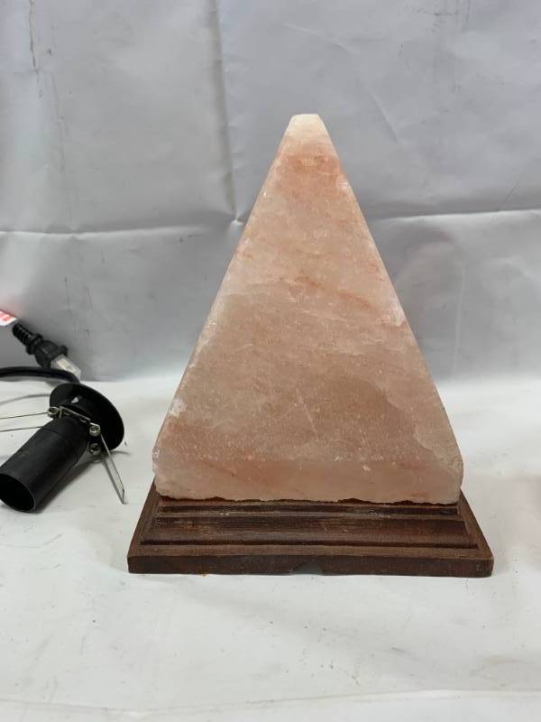 lot 67 image: Himalayan Salt Lamp Pyramid with Light & Wood Base New