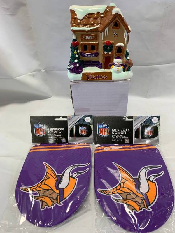 lot 68 image: Minnesota Vikings Mirror Covers & Christmas House New