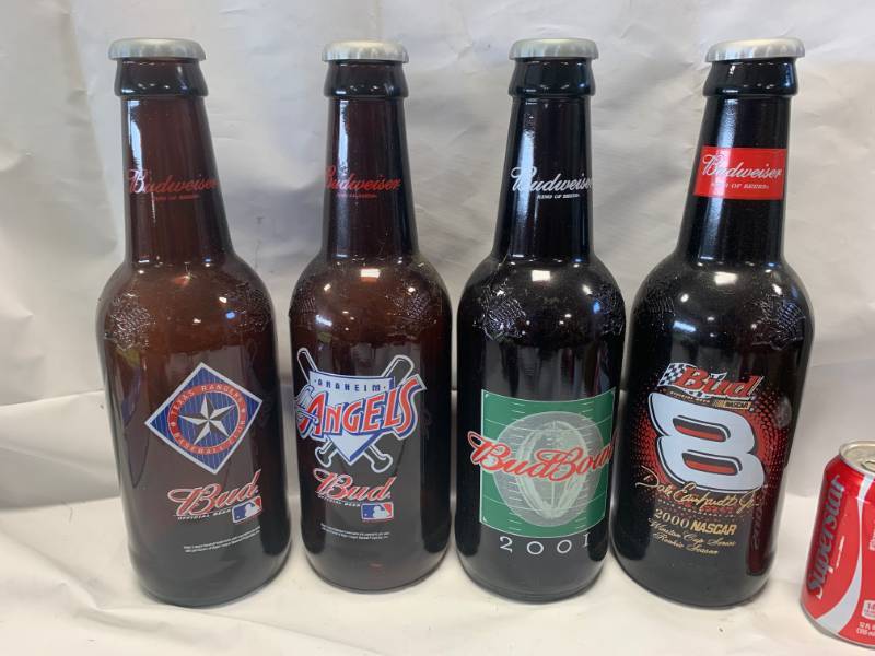 lot 90 image: Lot of 4 Glass Budweiser Collectible Bottles 14 Tall (empty)