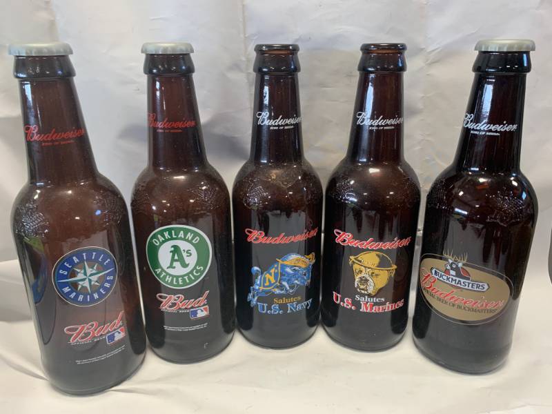 lot 91 image: Lot of 5 Glass Budweiser Collectible Bottles 14 Tall (empty)