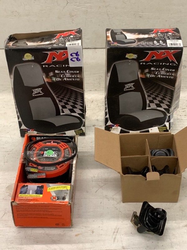 lot 22 image: (2) Seat Covers, Vehicle Jump Pack, Stake-Pocket Tie-Offs