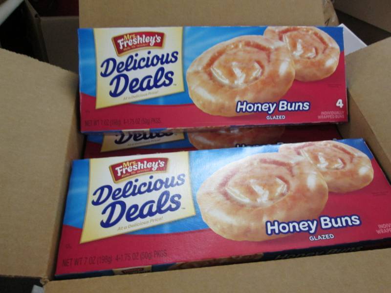 lot 210 image: 2 Cases of 16-8 oz Boxes Mrs. Freshleys Delicious Deals Honey Buns 4bx Best Date 5-10-2019