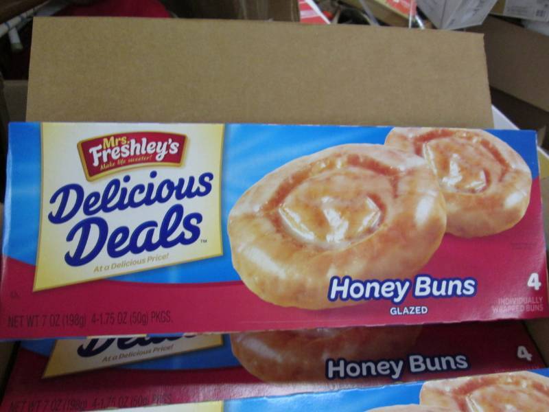 lot 212 image: 2 Cases of 16-8 oz Boxes Mrs. Freshleys Delicious Deals Honey Buns 4bx Best Date 5-10-2019