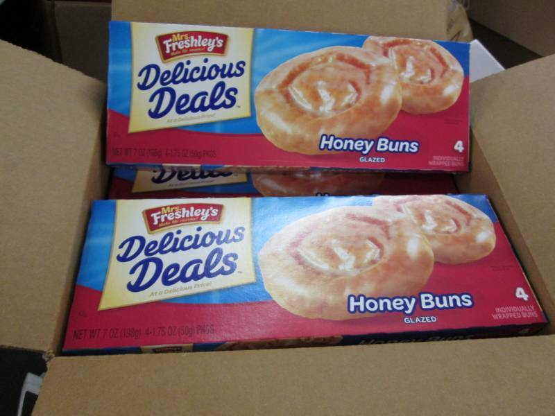 lot 213 image: 2 Cases of 16-8 oz Boxes Mrs. Freshleys Delicious Deals Honey Buns 4bx Best Date 5-10-2019