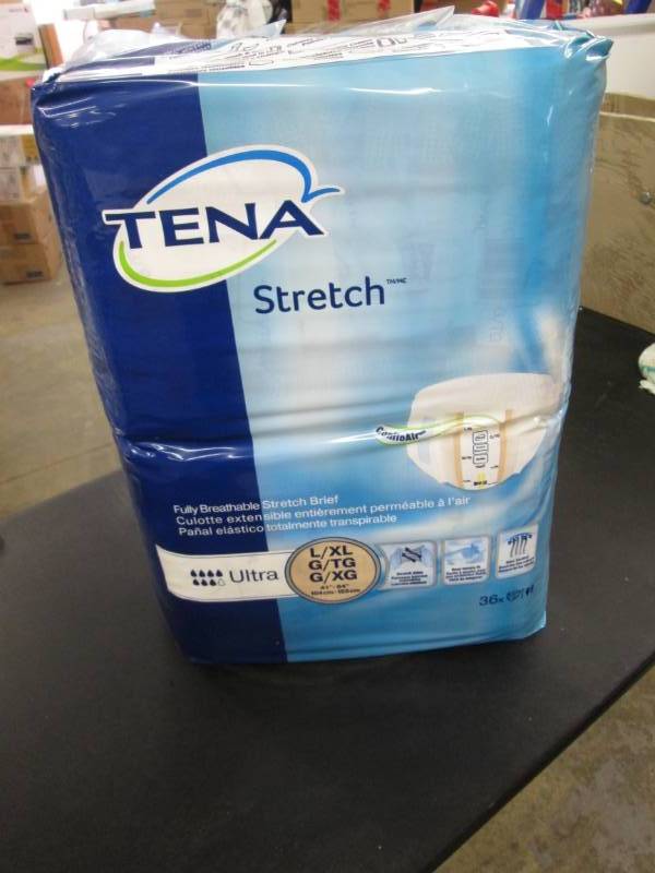 lot 282 image: Pkg of Tena Stretch Briefs 36 ct L...