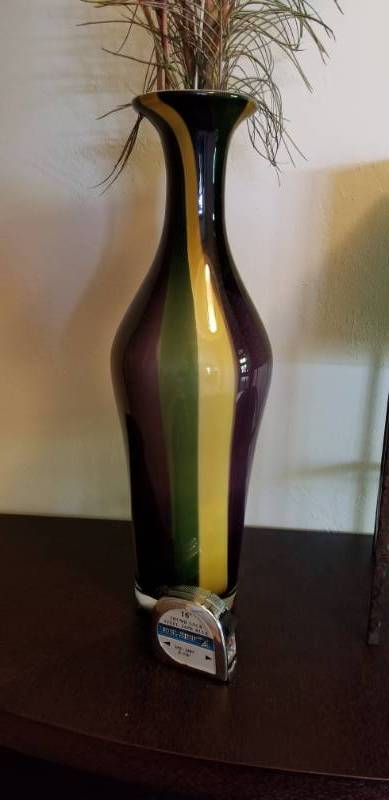 Mardi Gras Art Glass Vase Decor With Peacock Feathers