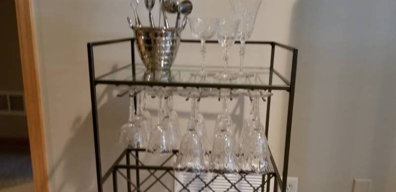 lot 69 image: Metal Bar Wine Rack with 32 Cut Glass Stemware