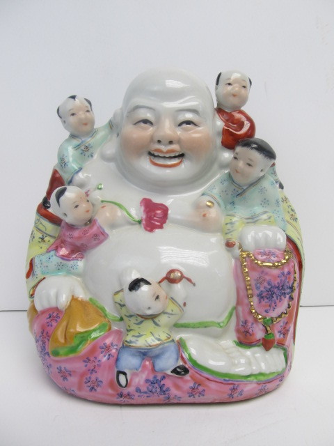 lot 14 image: Vintage Porcelain Happy Buddha wChildren Figural Group