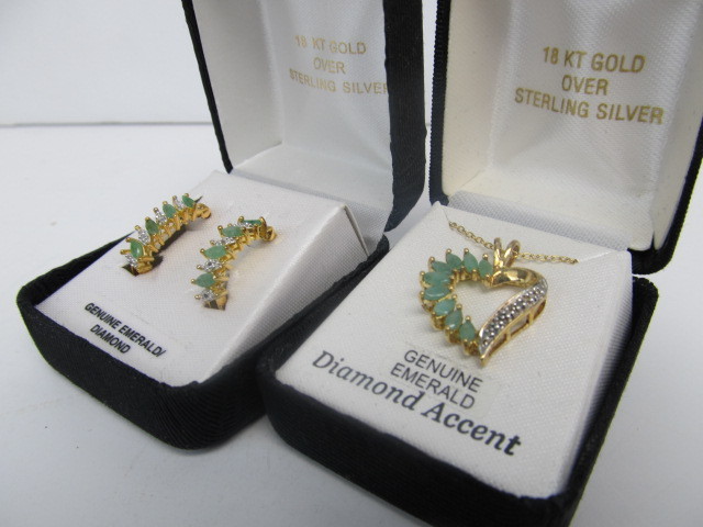lot 23 image: Matching Sterling Silver Earring & Pendant Set wGenuine Emerald & Diamond Accents