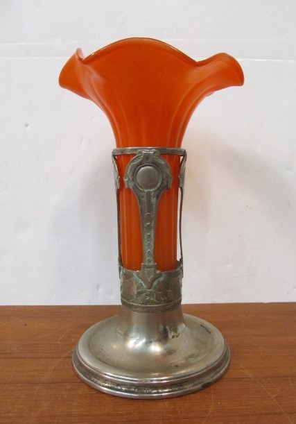 lot 49 image: Antique Art Glass Floral Vase wSilver Plated Stand