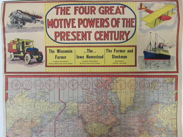 lot 114 image: Large Vintage 1920s FOUR GREAT MOTIVE POWERS OF THE PRESENT CENTURY Wall Maps