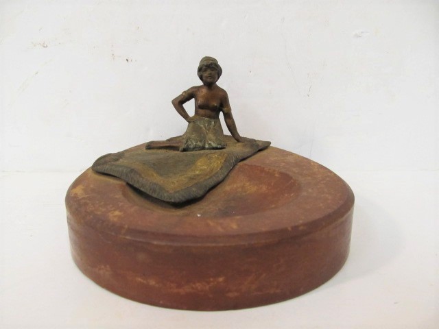 lot 122 image: Antique Art Nouveau Figural Cast Ashtray wWoman on Carpet