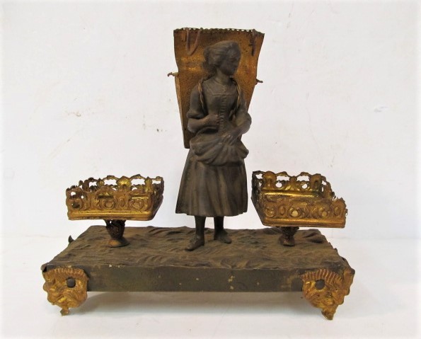 lot 123 image: Art Nouveau Brass Working Lady Desk Top Double Inkwell Holder