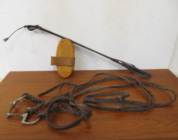 lot 75 image: Group of Vintage Horse Tack Whips Brush etc