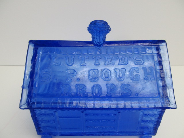 lot 144 image: Old Vintage Cobalt Blue Glass LUTTEDS Cough Drops Advertising Lidded Box