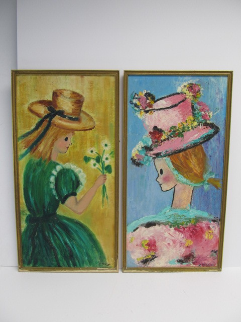 lot 154 image: Pair of Vintage 1960s Nave Folk Art Paintings of Girls in Fancy Outfits