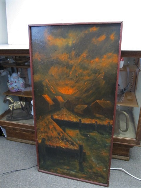 lot 157 image: Large Original Mid Century 1960 Oil on Canvas Waterfront Scene