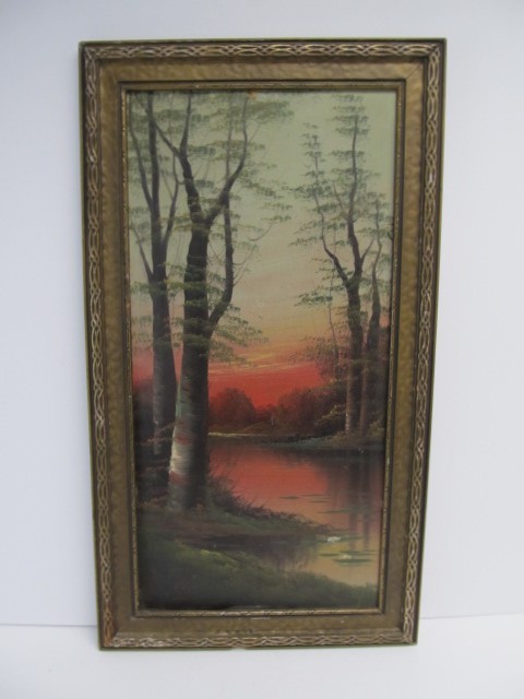 lot 161 image: Antique 1920s Framed Landscape Sunset Oil Painting