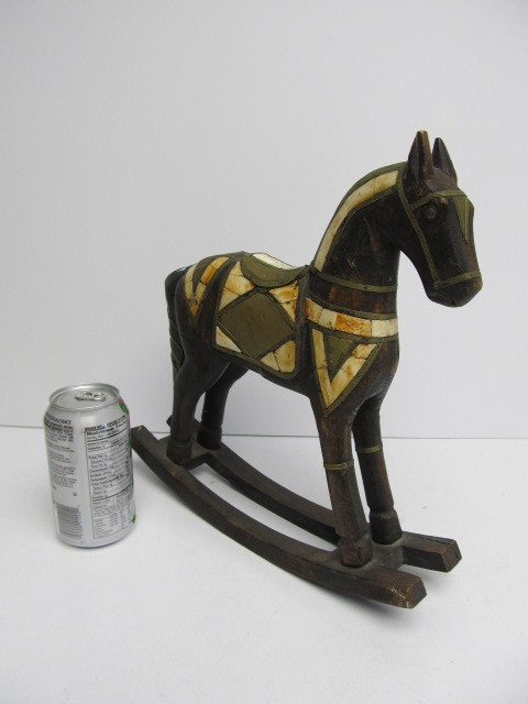 lot 64 image: Vintage Carved Wood wBrass & Inlaid Bone Horse Statue