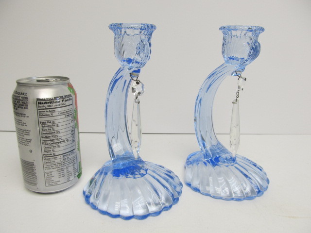 lot 67 image: Pair of Shell Base Blue Crystal Candle Stands wPrisms
