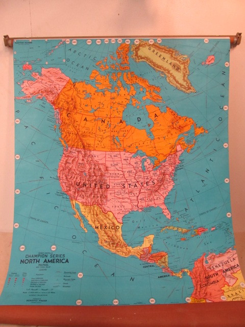 lot 212 image: Large Vintage 1950s Pull-Down North America Wall Map
