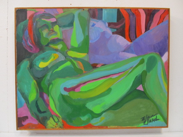 lot 241 image: Original Vintage Signed Eliza Ellerd Oil on Canvas Reclining Nude Painting